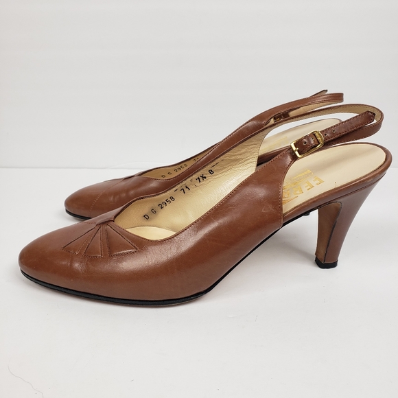 Ferragamo Cognac Brown Leather Slingback Heels 7.5 - Picture 4 of 16